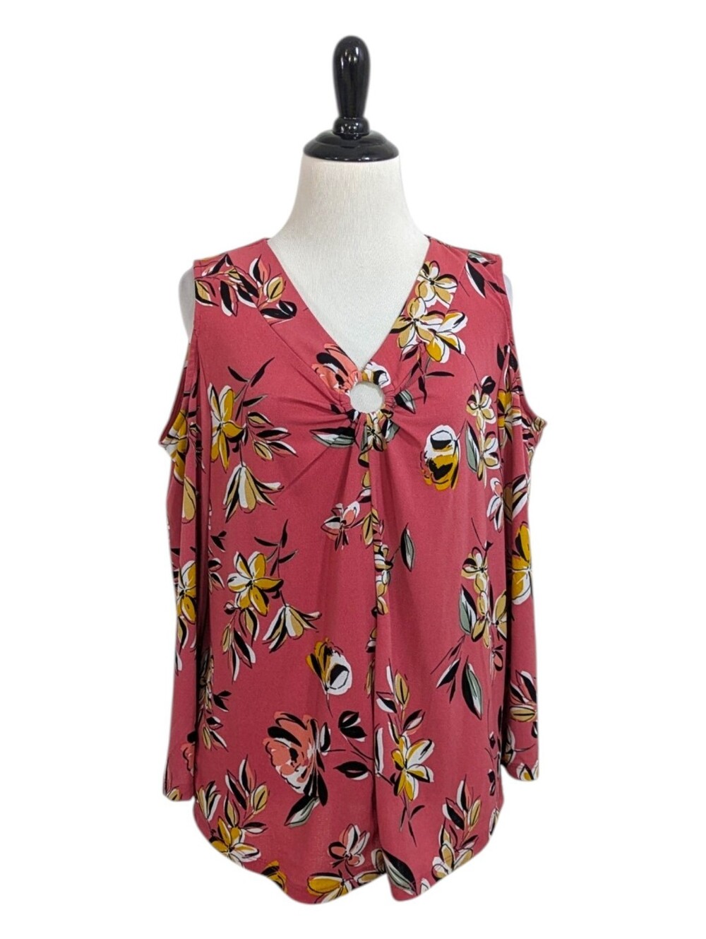 Adrienne Vittadini Cold Shoulder Stretchy Floral Blouse - Size Large Womens L